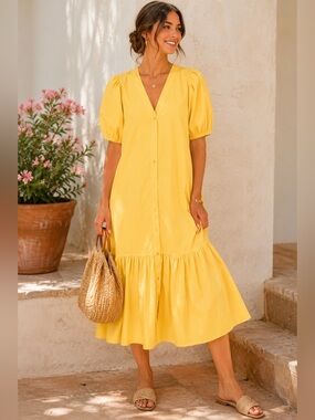 Sundays Yellow Puff Sleeve Button Front Midi Dress Small NWOT